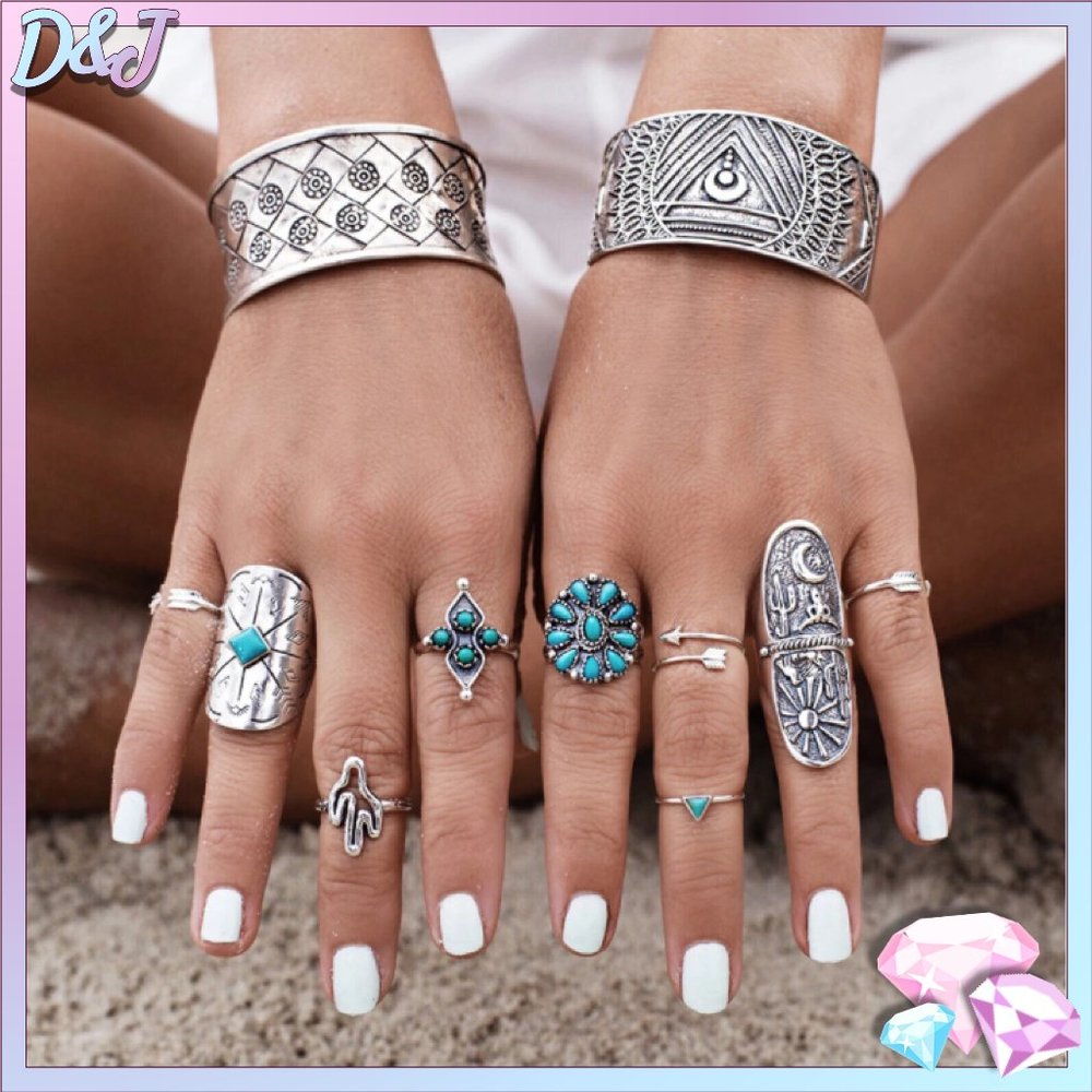 💎✨ Boho Silver and Turquoise Ring Set